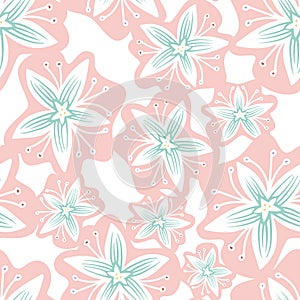 Vector seamless pattern colorful tender design of lined silhouettes flowers in pastel colors