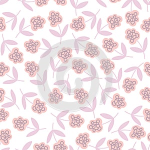 Vector seamless pattern colorful tender design of lined silhouettes flowers in pink tones