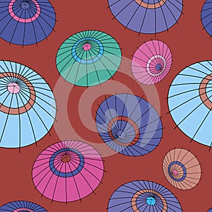 Vector seamless pattern with colourful japan umbrellas on terracota