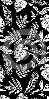 Vector seamless pattern with compositions of graphical tropical leaves, palm leaves,banana leavesand jungle plants.