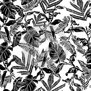 Vector seamless pattern with compositions of graphical tropical leaves, palm leaves,banana leavesand jungle plants