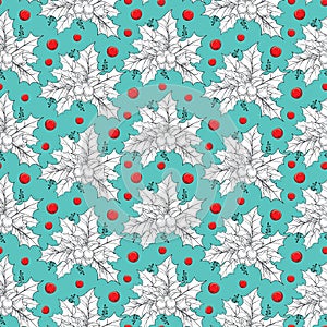 Vector seamless pattern with contour leaves and red berries of Ilex or European Holly on the turquoise background.