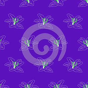 Vector seamless pattern. Contour white lilies on a purple background.