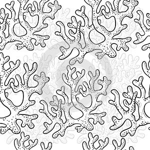 Vector seamless pattern corrals. Polyps monochrome black white outline sketch illustration isolated on white background