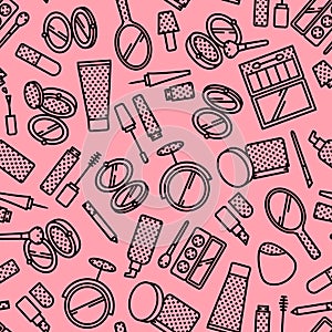 Vector seamless pattern of cosmetics elements with flat line icons on pink background