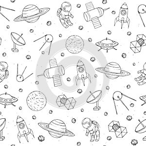 Vector seamless pattern with cosmonauts, satelites, rockets, planets, moon, falling stars and UFO contours. Cosmic background for