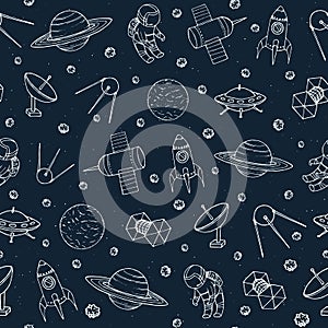 Vector seamless pattern with cosmonauts, satelites, rockets, planets, moon, falling stars and UFO contours in sketch style. photo