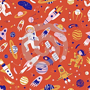 Vector seamless pattern with cosmonauts, satelites, rockets, planets, moon and falling stars in doodle style