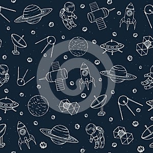 Vector seamless pattern with cosmonauts, satelites, rockets, planets, moon, falling stars and UFO contours in sketch style.