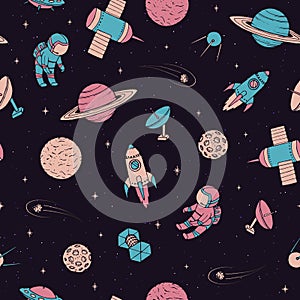 Vector seamless pattern with cosmonauts, satelites, rockets, planets, moon, falling stars and UFO in sketchy style. Cosmic