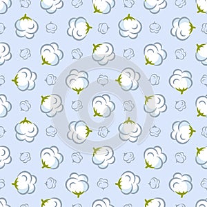 Vector seamless pattern with cotton plant on blue background.