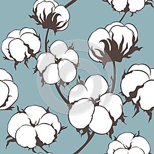 Vector seamless pattern with cotton plant. Branches with flowers background.