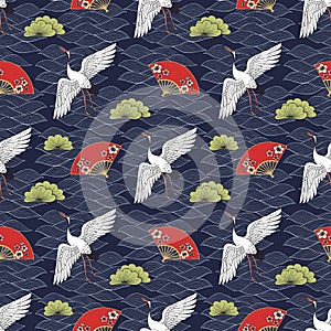 Vector seamless pattern with cranes and fans in the Japanese style. Hand drawing for the design