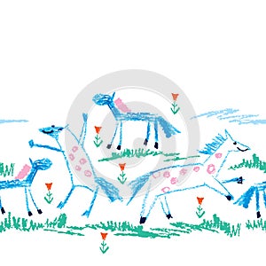 Vector seamless pattern with crayon children drawing of primitive blue horses, green grass and red flower on the white background.