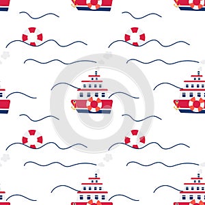 Vector seamless pattern of cruise liner on white background.
