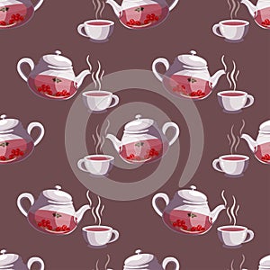 Vector seamless pattern of a cup and glass teapot with fruit tea