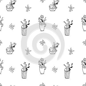 Vector seamless pattern with cup, mug, glass, flowers. Hand drawn illustration. Colorless contour ornament