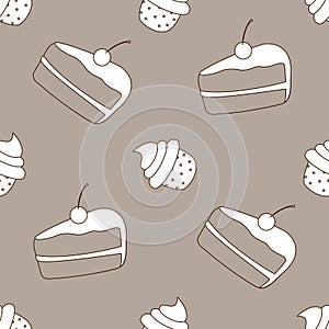 Vector seamless pattern cupcakes and cake with cherries. Ideal for gift wrapping paper design, packaging, websites, greeting