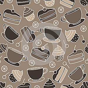 Vector seamless pattern cupcakes and cake with cherries. Ideal for gift wrapping paper design, packaging, websites, greeting