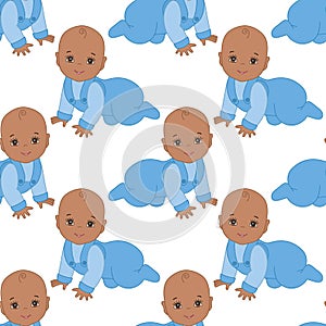 Vector Seamless Pattern with Cute African American Baby Boy