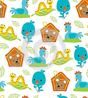 Vector seamless pattern of cute animals cartoon. Chicken laying egg, bird, mice in cage, caterpillar on leaf