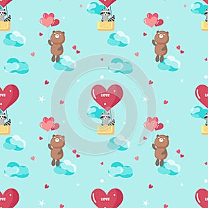 Vector seamless pattern with cute animals in love