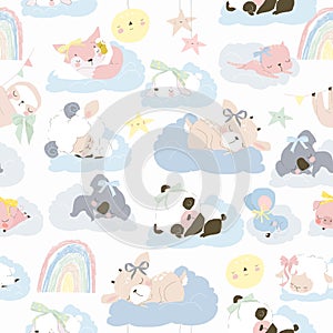 Seamless Pattern with Cute Animals sleeping on Clouds