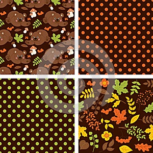 Vector Seamless Pattern with Cute Bears, Mushrooms, Berries and Leaves. Forest Bear Seamless Pattern.