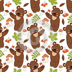 Vector Seamless Pattern with Cute Brown Bears, Mushrooms, Berries and Leaves