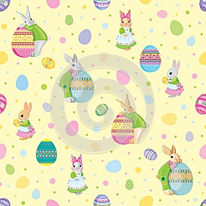 Vector seamless pattern with cute bunnies and easter painted eggs on yellow background.