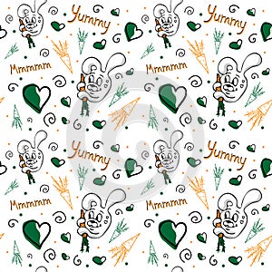 Vector seamless pattern with cute bunny, carrots, curls