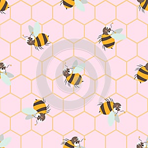 Vector seamless pattern with Cute cartoon Bee and honeycomb