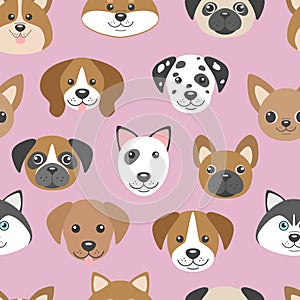 Vector seamless pattern with cute cartoon dog puppies.