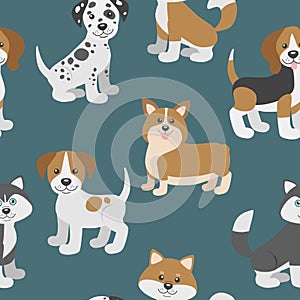 Vector seamless pattern with cute cartoon dog puppies.