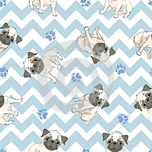 Vector seamless pattern with cute cartoon dog puppies. Can be used as a background, wallpaper, fabric and for other