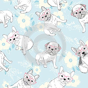 Vector seamless pattern with cute cartoon dog puppies. Can be used as a background, wallpaper, fabric and for other