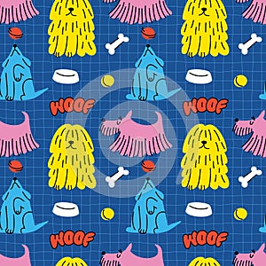 Vector Seamless Pattern with Cute Cartoon Dogs in Doodle Style. Funny Hand Drawn Dog Characters Repeated on Blue
