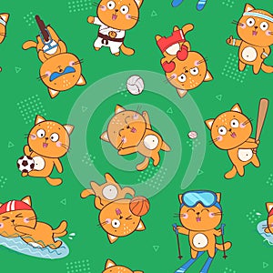 Vector seamless pattern with cute cat doing different sports