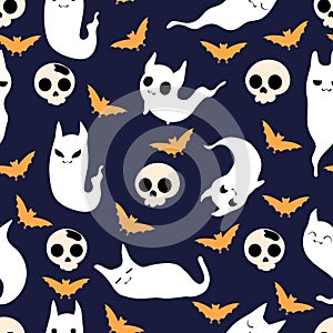 Vector seamless pattern with cute cats ghost and bats silhouette