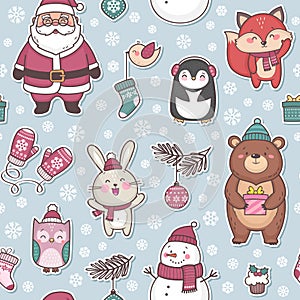 Vector seamless pattern with cute characters for Christmas