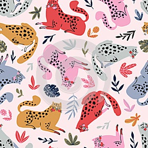 Vector seamless pattern with cute cheetahs on the pink background. Tropical animals. Fashionable fabric design