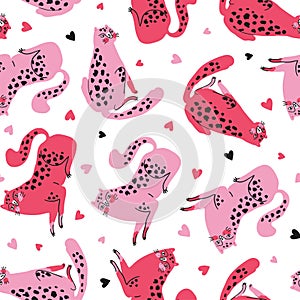 Vector seamless pattern with cute cheetahs with pink hearts. Tropical animals.