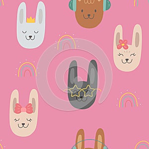 Vector seamless pattern with cute color rabbits in glasses, with flower, bow for kids. Bunny as symbol of chinese new