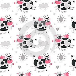 Vector seamless pattern with cute cows with angel wings, Valentine's Day, sun, sky, cloud, cupid, arrow