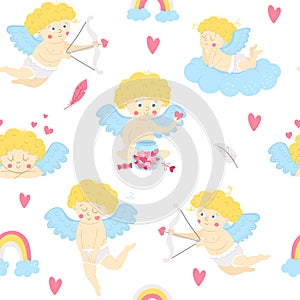 Vector seamless pattern with cute cupids. Repeating background with funny Valentineâ€™s day characters. Digital paper with love