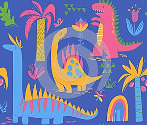 Vector seamless pattern with cute dinosaur characters for wrapping paper design.