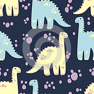 Vector seamless pattern with cute dinosaurus in flat cartoons style. Childish repeated background with funny dinosaurs in kids doo