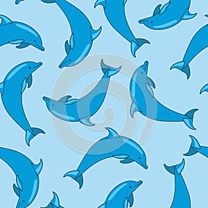 Vector seamless pattern with cute dolphin on blue background. Hand drawn ocean animal. Cartoon character.