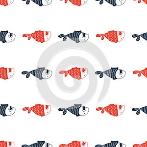 Vector seamless pattern with cute fish.color hand-drawn illustration in the cartoon style on white background.suitable