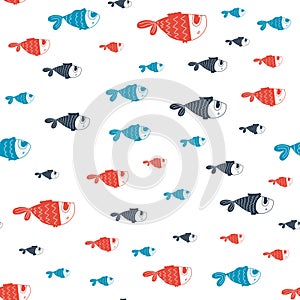 Vector seamless pattern with cute fish.color hand-drawn illustration in the cartoon style on white background.suitable